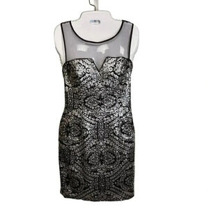 Adrianna Pappel Silver Black Sequin Sheer Yoke  Sheath Party Dress Women’s 8 New